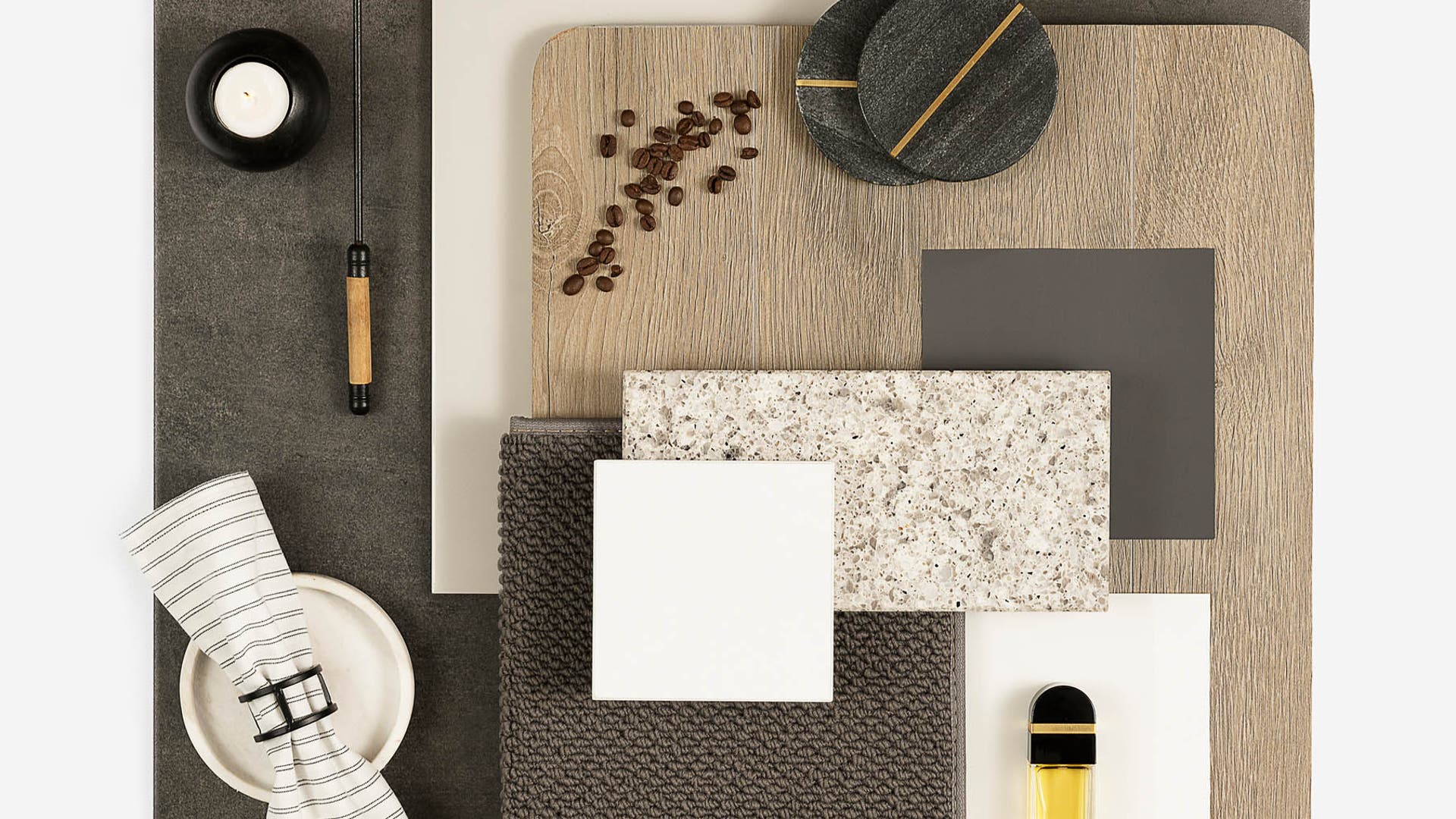 Home interior design modern neutral warm timber and stone toned product samples.