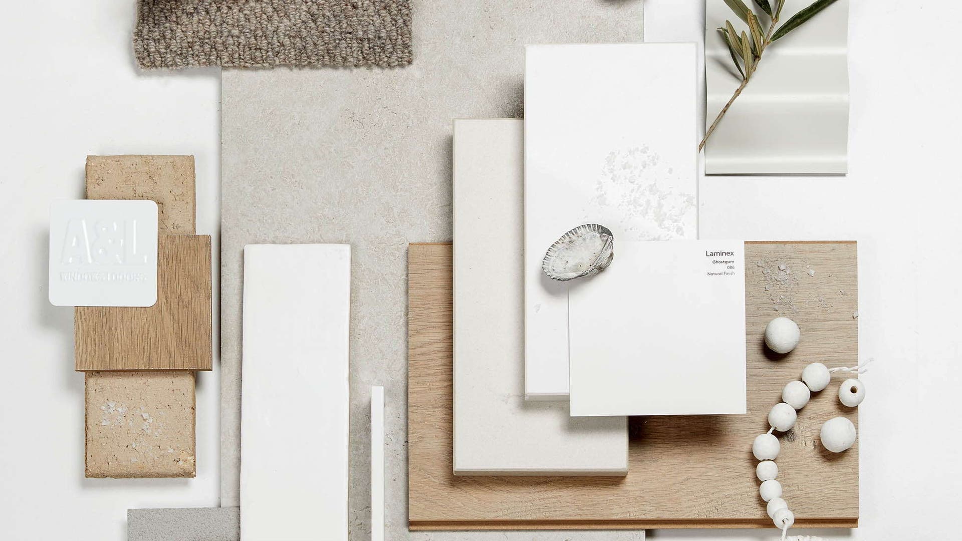 Colour scheme flatlay inspiration called 'coastal'. For the lovers of white, natural textures and light timbers.