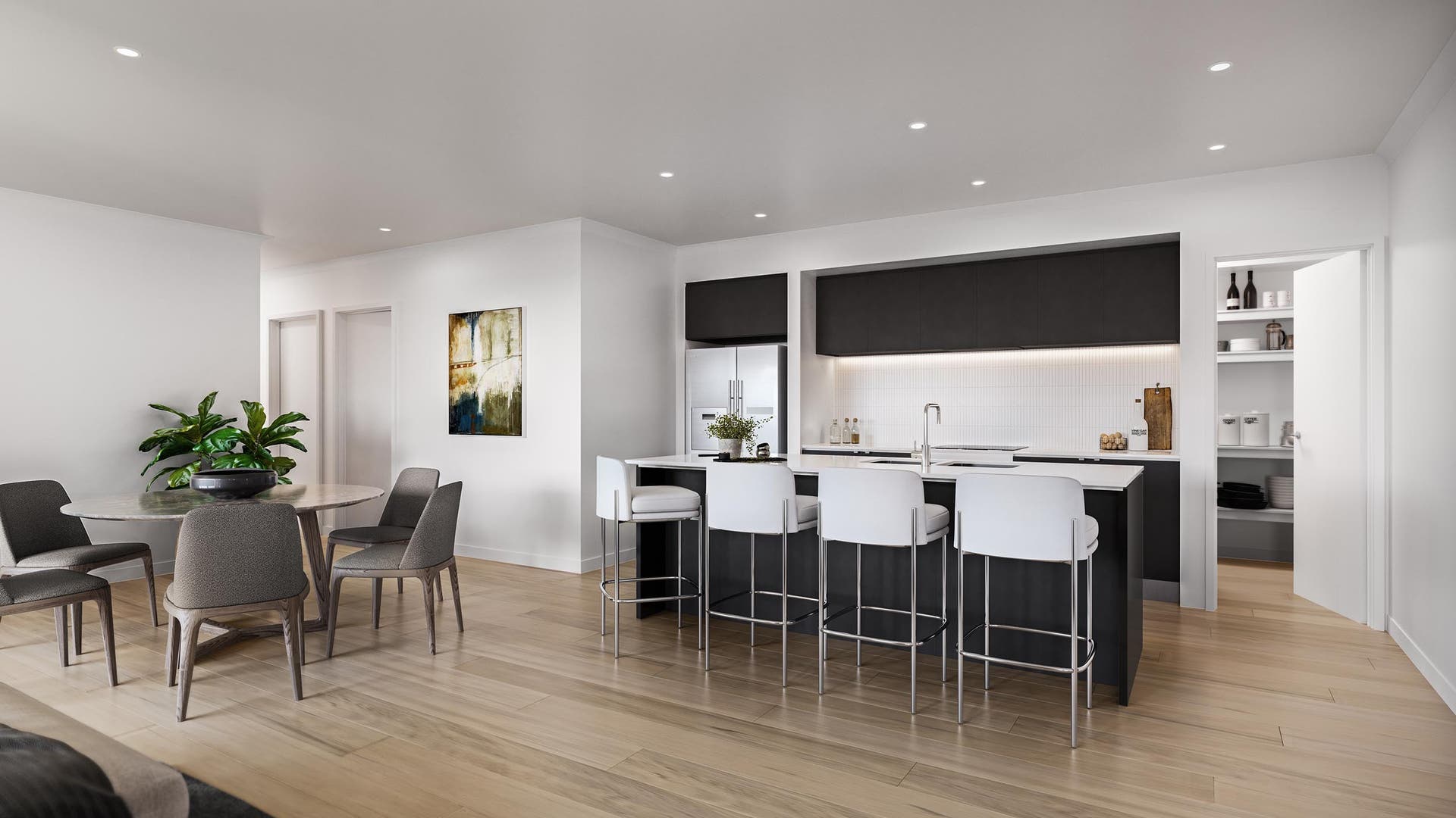 Modern kitchen area with stylish splashbacks  and bold furniture design