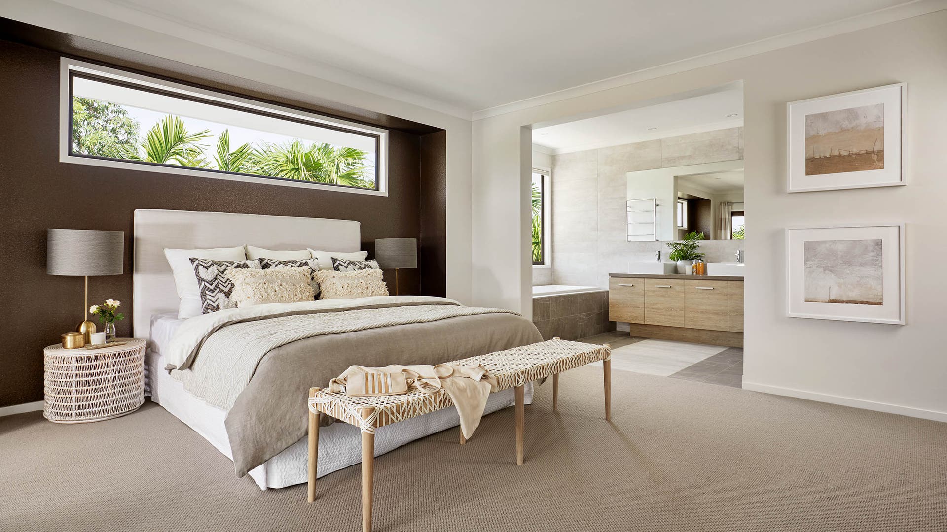 Copilot The master bedroom is connected to the powder room, which features brown and neutral-coloured accent walls.