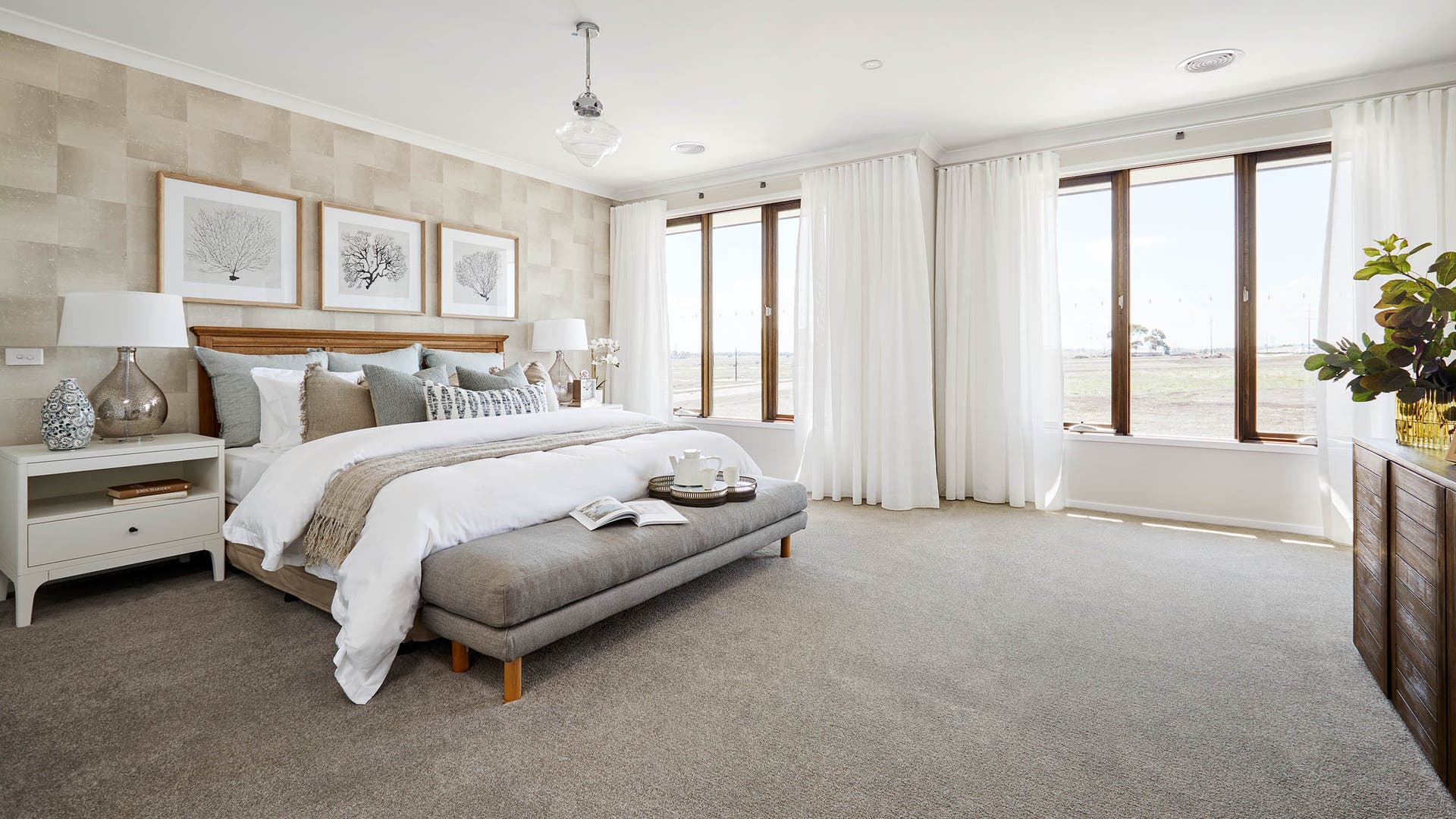 Electra 35 Master bedroom with s fold sheer curtains