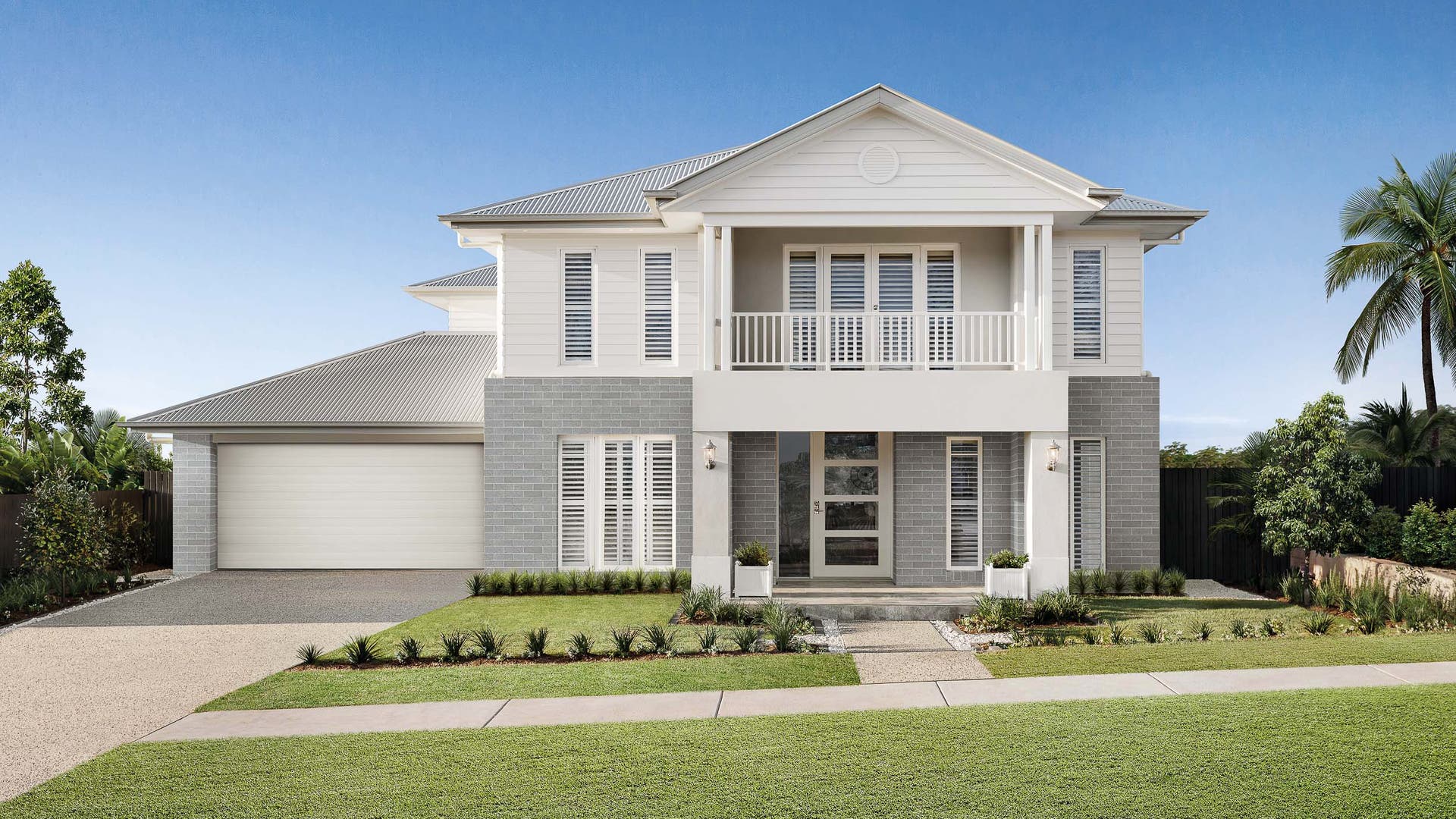 Double storey house with grey and neutral coloured facade design