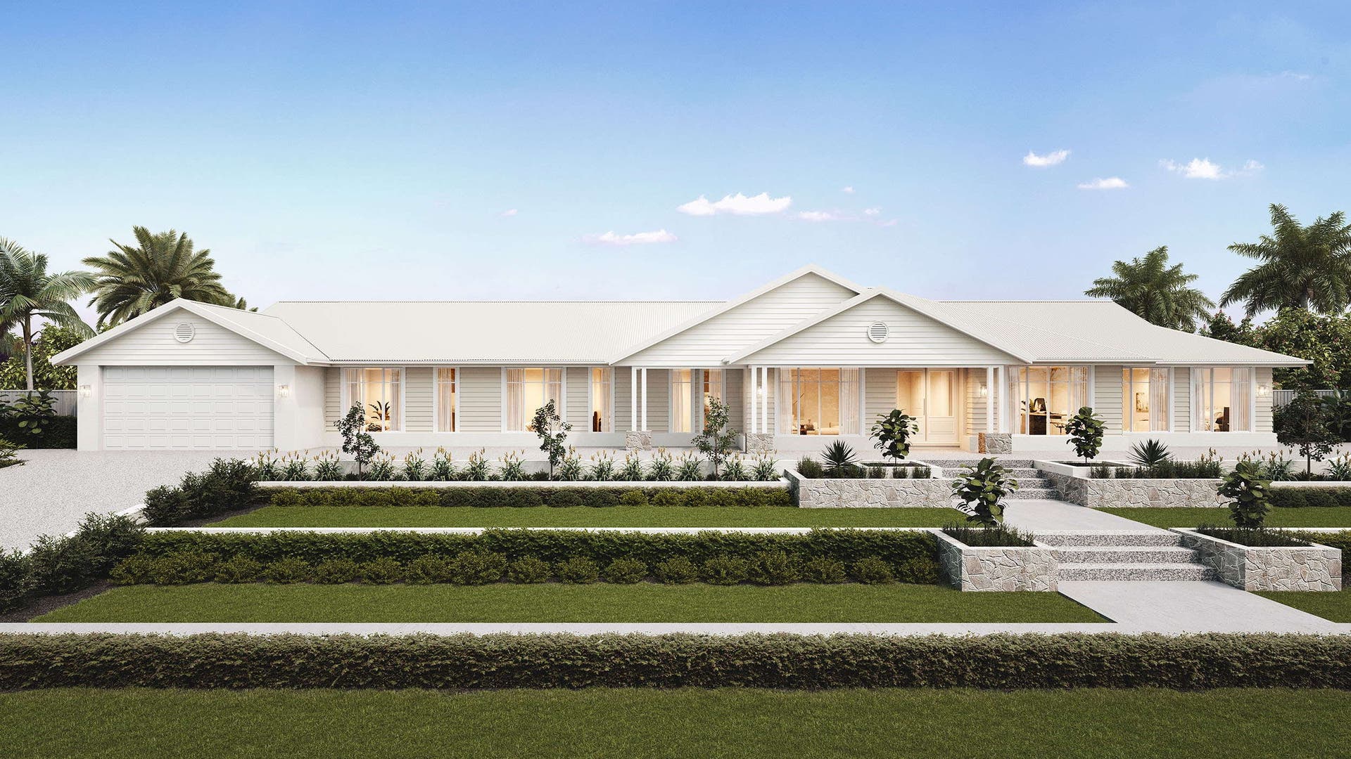 Colorado Acreage house design with neutral coloured timber facade and with a green lash front landscape design