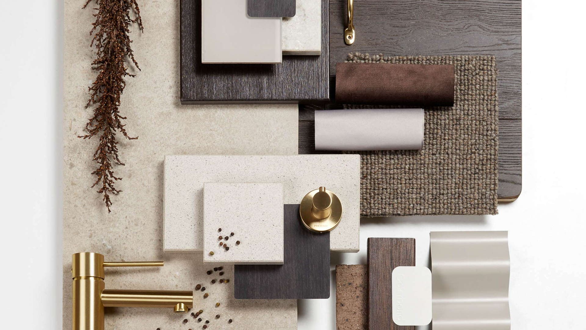 Colour scheme flatlay featuring a mid-tone neutral palette comprising of rich textures, bold feature detailing and heavily patterned brickwork.