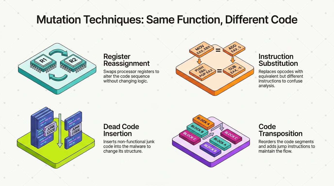 A three-part diagram illustrates how polymorphic malware uses an encrypted payload, a mutation engine, and a regenerating decryptor stub to evade signature-based antivirus by generating a unique variant with every infection.
