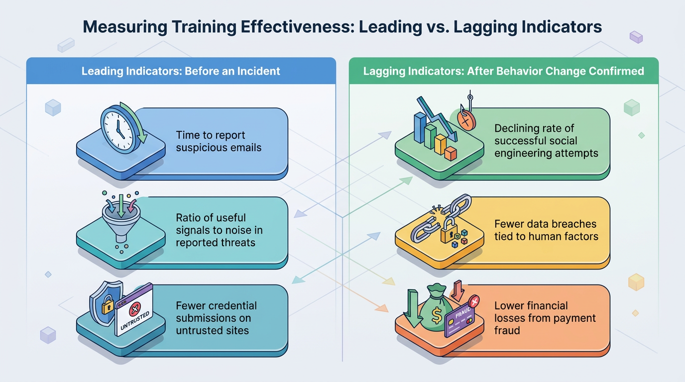 Two-column comparison of security awareness metrics: leading indicators like report time and credential submissions versus lagging indicators such as breach rates and fraud losses, illustrating training effectiveness measurement.