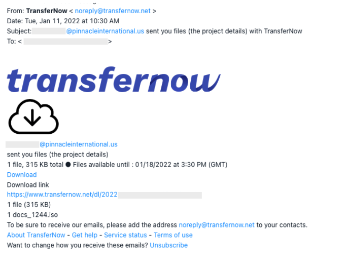 bazarloader email transfernow malware link