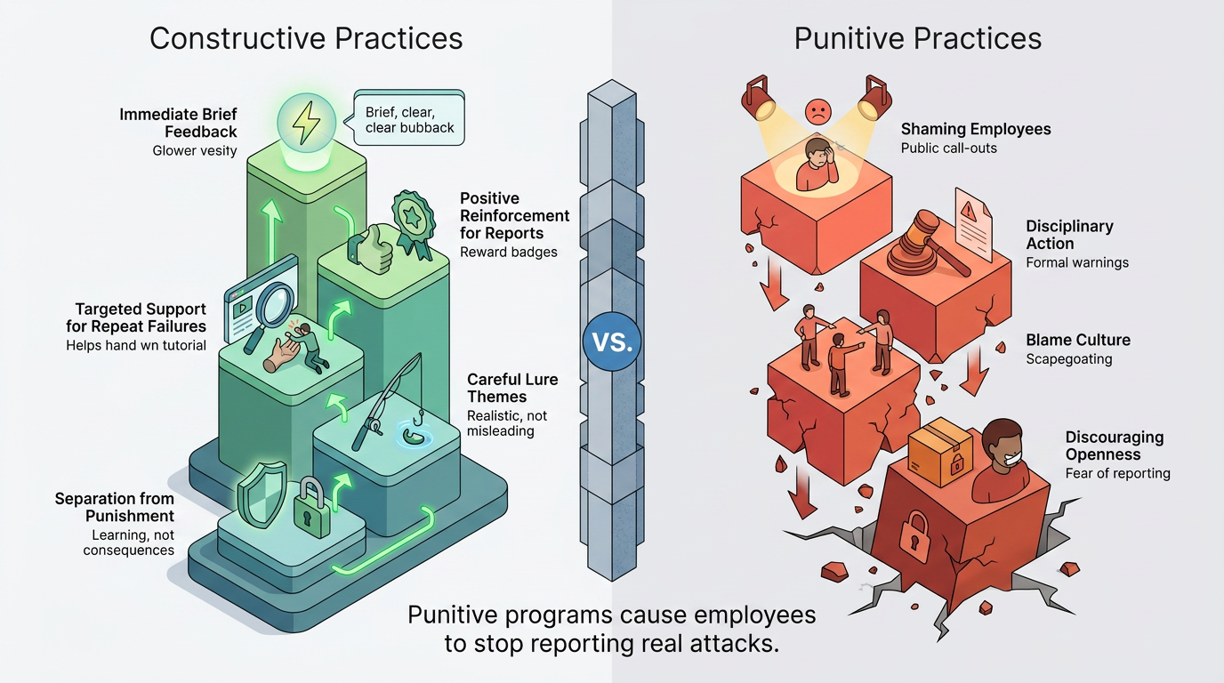 Two contrasting stacked-block towers compare constructive practices—brief feedback, positive reinforcement, targeted support, careful lures—against punitive ones like shaming and blame culture, warning punitive approaches discourage