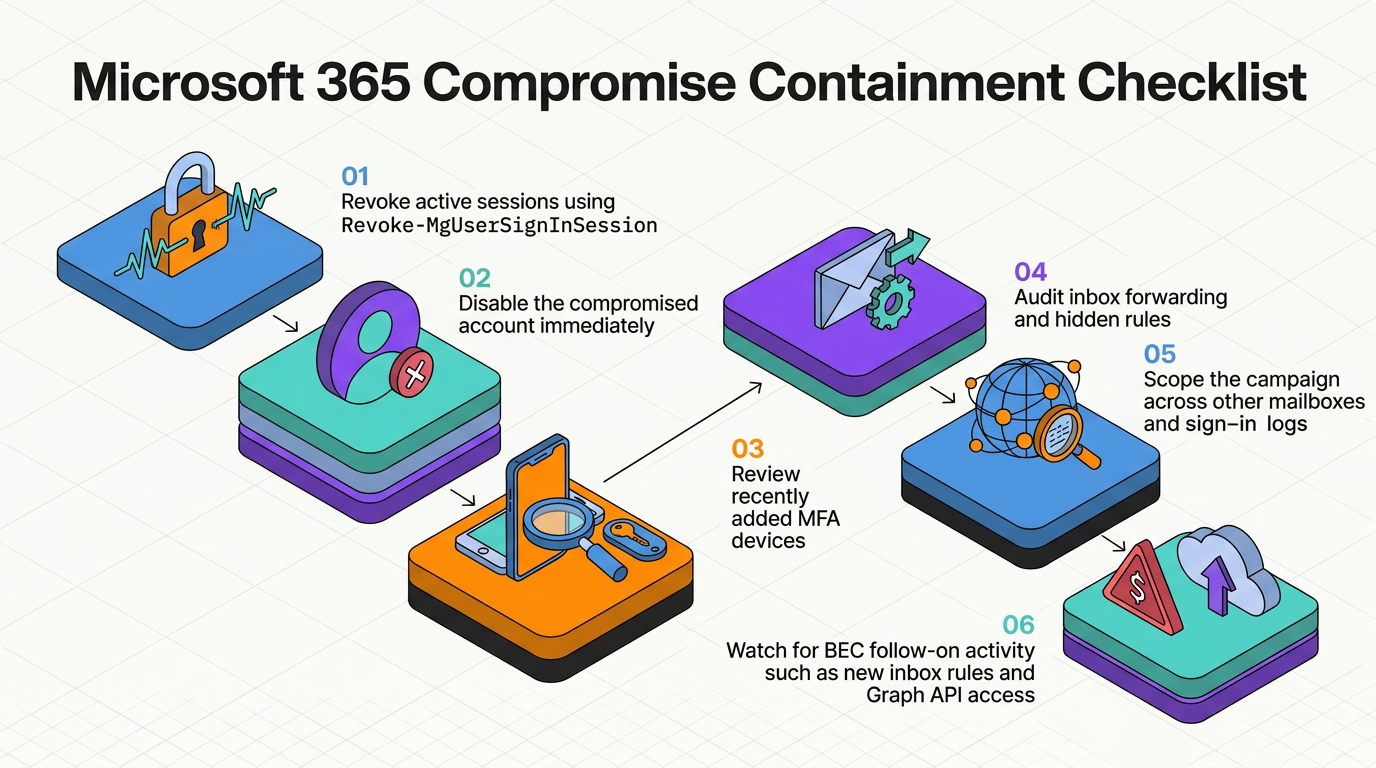 Six-step containment workflow for compromised Microsoft 365 accounts, shown as isometric icons: revoking sessions, disabling accounts, checking MFA devices, auditing inbox rules, scoping the campaign, and watching for BEC activity