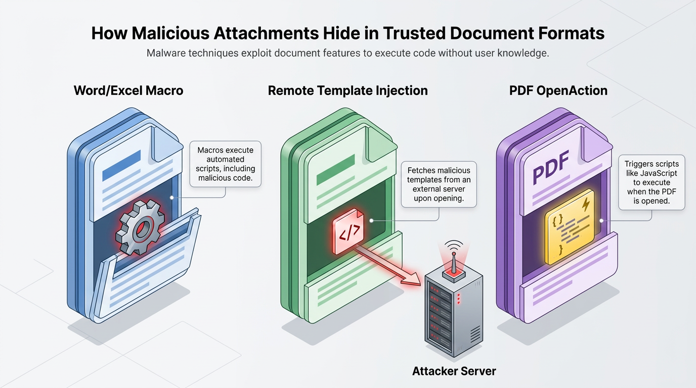 Three isometric document icons illustrate malicious attachment techniques: Word/Excel macros running hidden scripts, remote template injection fetching payloads from an attacker server, and PDF OpenAction triggering embedded JavaScript on