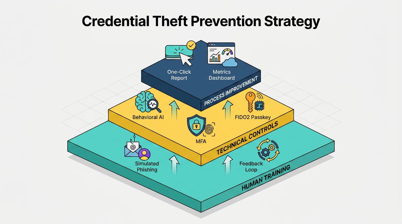 A flowchart illustrates credential harvesting as the leading breach entry point, showing phishing, fake login portals, and malware feeding stolen credentials into ransomware, business email compromise, and cloud data breaches.