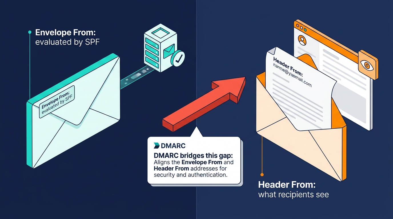 Two envelopes illustrate email authentication: SPF checks the Envelope From at the server, while DMARC aligns it with the Header From recipients actually see, closing the spoofing gap.