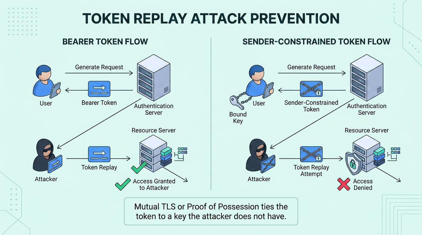 Comparison of bearer versus sender-constrained token flows: a stolen bearer token grants an attacker access, while a replayed sender-constrained token tied to a bound key is denied, illustrating token binding as MFA-bypass prevention.