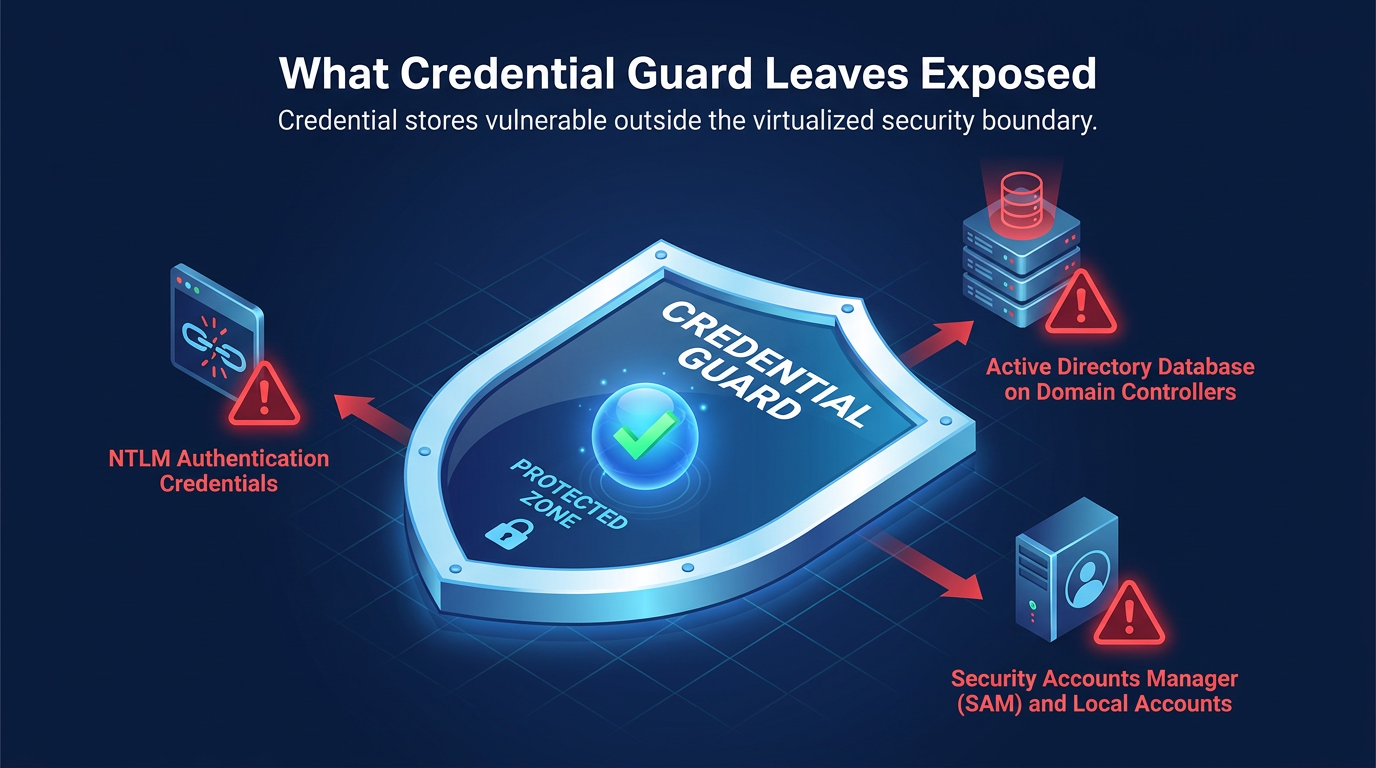 A shield labeled Credential Guard with a protected zone checkmark sits center, while red warning arrows point outward to NTLM authentication credentials, the Active Directory database on domain controllers, and SAM plus local