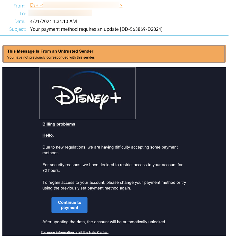 Disney Plus Impersonator Regulatory Update Phishing Email E