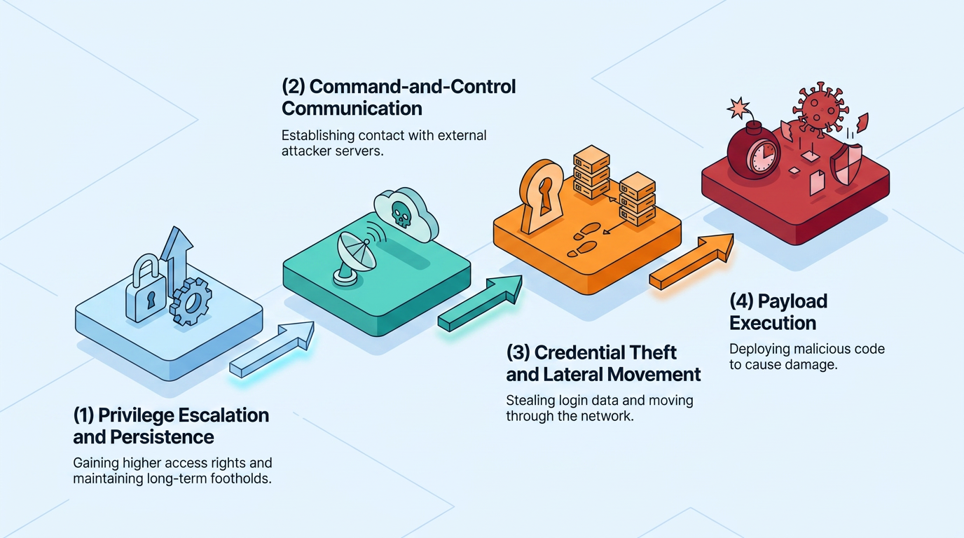 Four connected platforms illustrate a cyberattack chain: privilege escalation and persistence, command-and-control communication, credential theft with lateral movement, and payload execution deploying malicious code for damage.