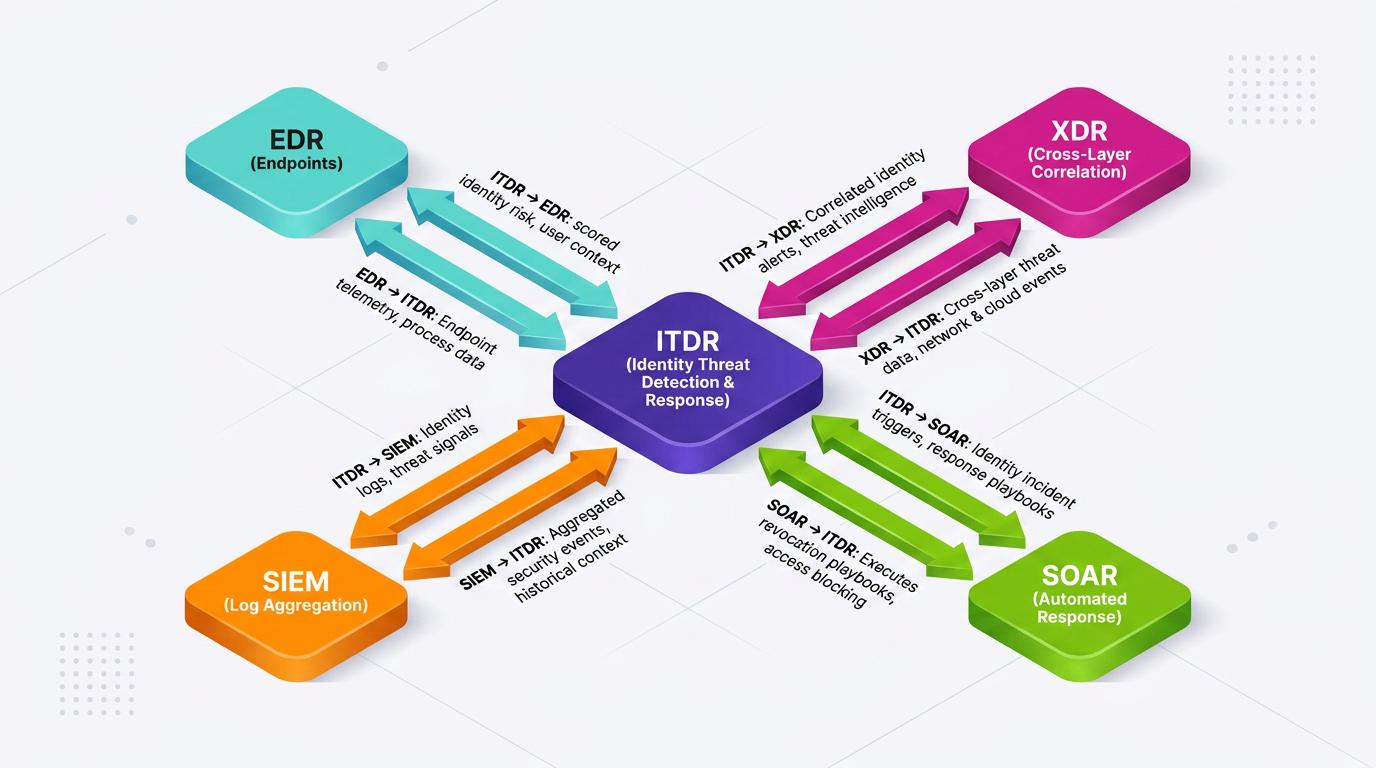 Circular diagram with four labeled segments—visibility, detection, investigation, containment—shows the ITDR cycle as a continuous process defending identity infrastructure after authentication, addressing risks preventive controls may