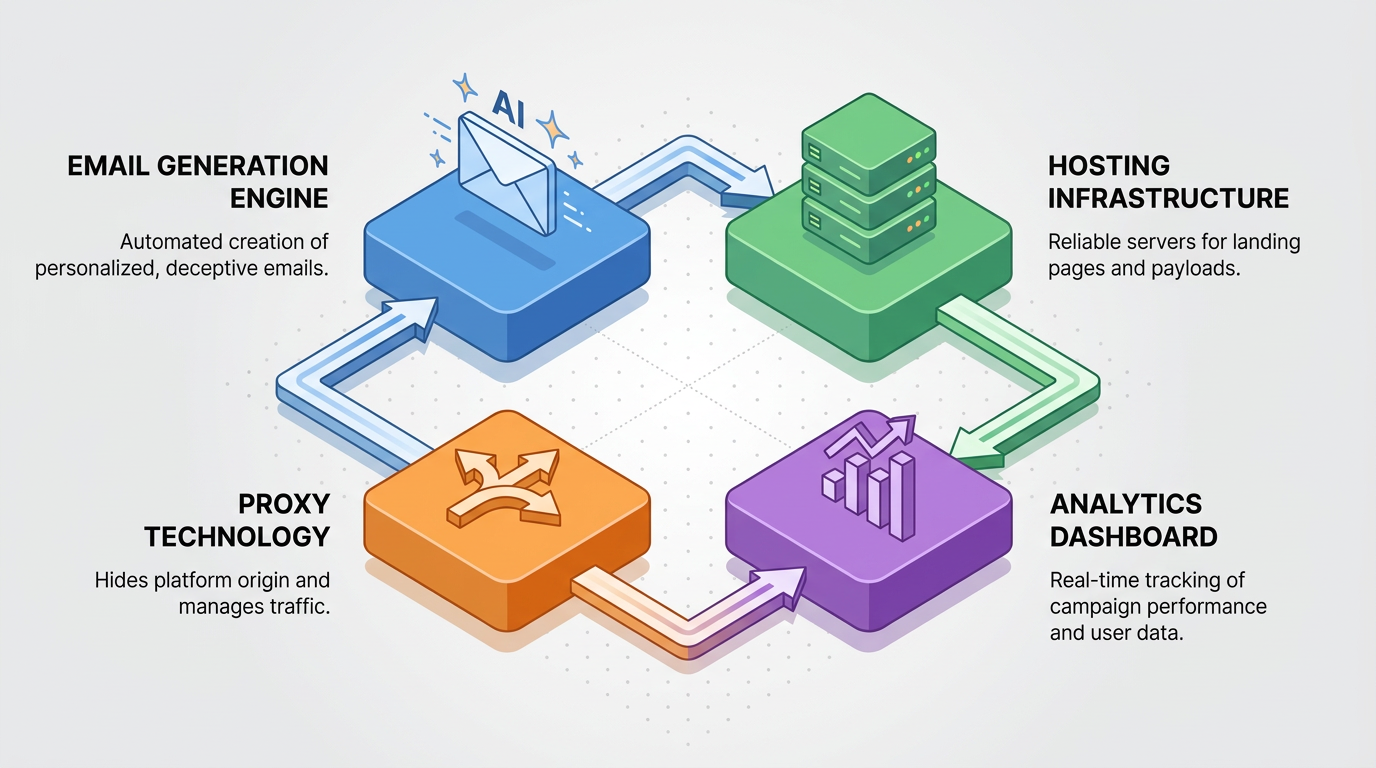 Four connected isometric modules illustrate the phishing-as-a-service stack: an AI-driven email generation engine, hosting infrastructure, proxy technology, and an analytics dashboard tracking campaign performance and credential capture.