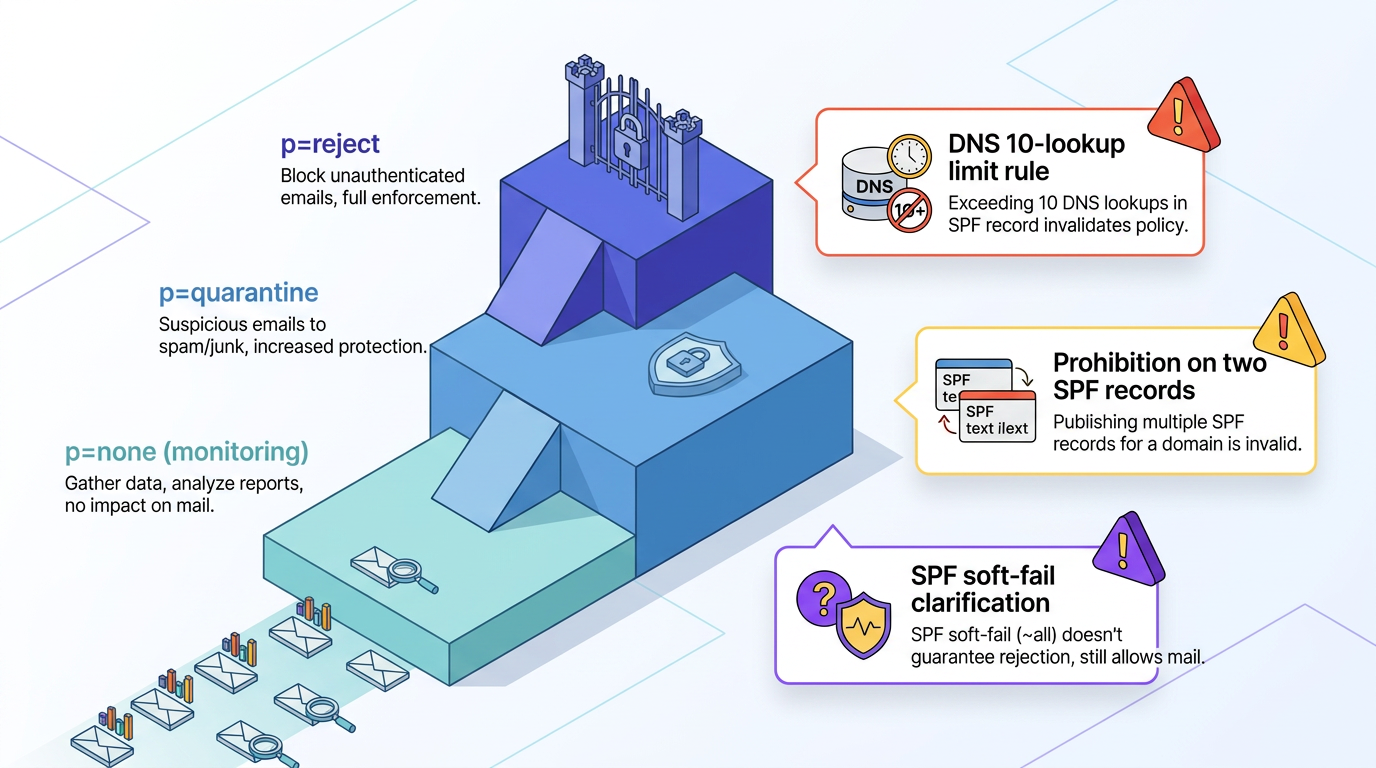 A tiered fortress illustrates DMARC policy stages—p=none monitoring, p=quarantine, and p=reject enforcement—alongside common SPF configuration pitfalls like DNS lookup limits, duplicate records, and soft-fail misunderstandings.
