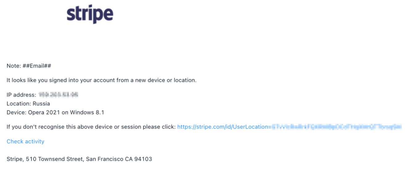 Stripe Credential Phishing Attack Email