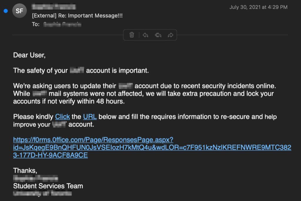 University credential phishing email 1024x685