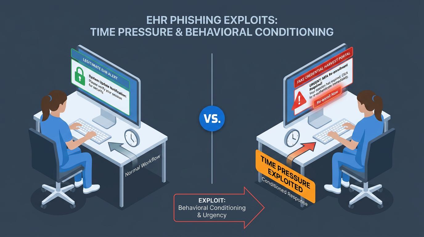 Three illustrated panels use email icons and workflow visuals to show BEC, credential phishing, and VEC attacks bypassing traditional email security, emphasizing how trusted communication channels enable healthcare data breaches.