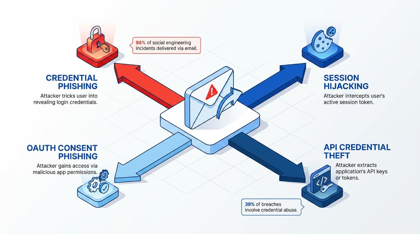 A central email icon branches into four attack paths—credential phishing, session hijacking, OAuth consent phishing, and API credential theft—illustrating how inbox threats lead to application compromise, with stats noting 98% of social