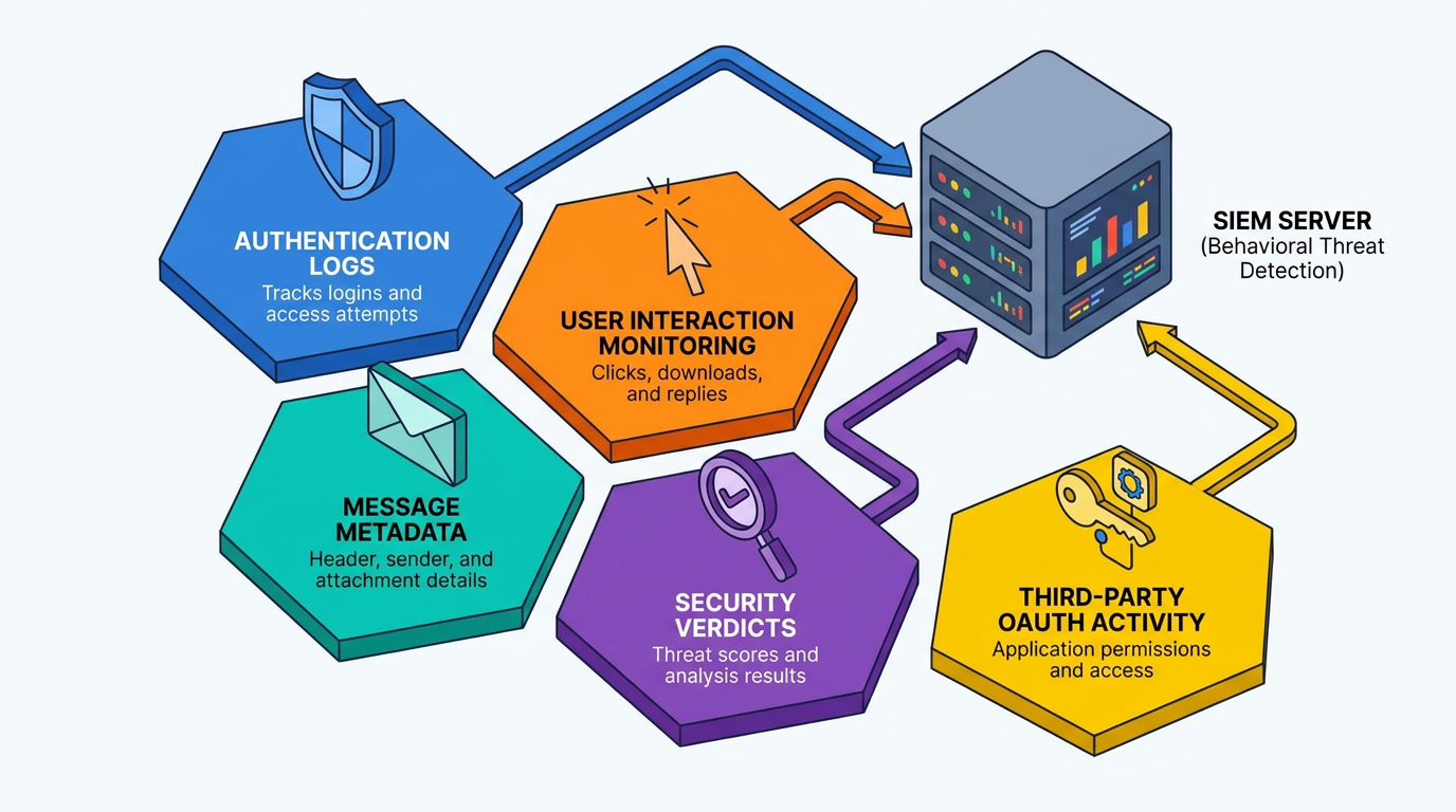 Five colored hexagons—authentication logs, message metadata, user interaction monitoring, security verdicts, and third-party OAuth activity—feed arrows into a SIEM server for behavioral threat detection, illustrating core email telemetry