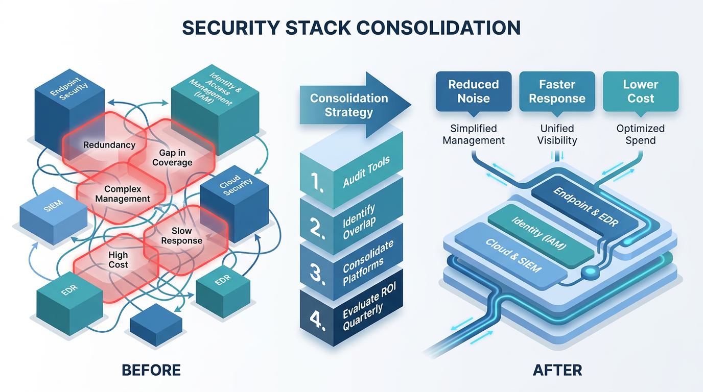 A layered graphic uses icons and arrows to show how expanding SaaS, cloud, and generative AI adoption increases entry points and costs, while deliberate spending on controls and automation reduces threat detection risk efficiently.