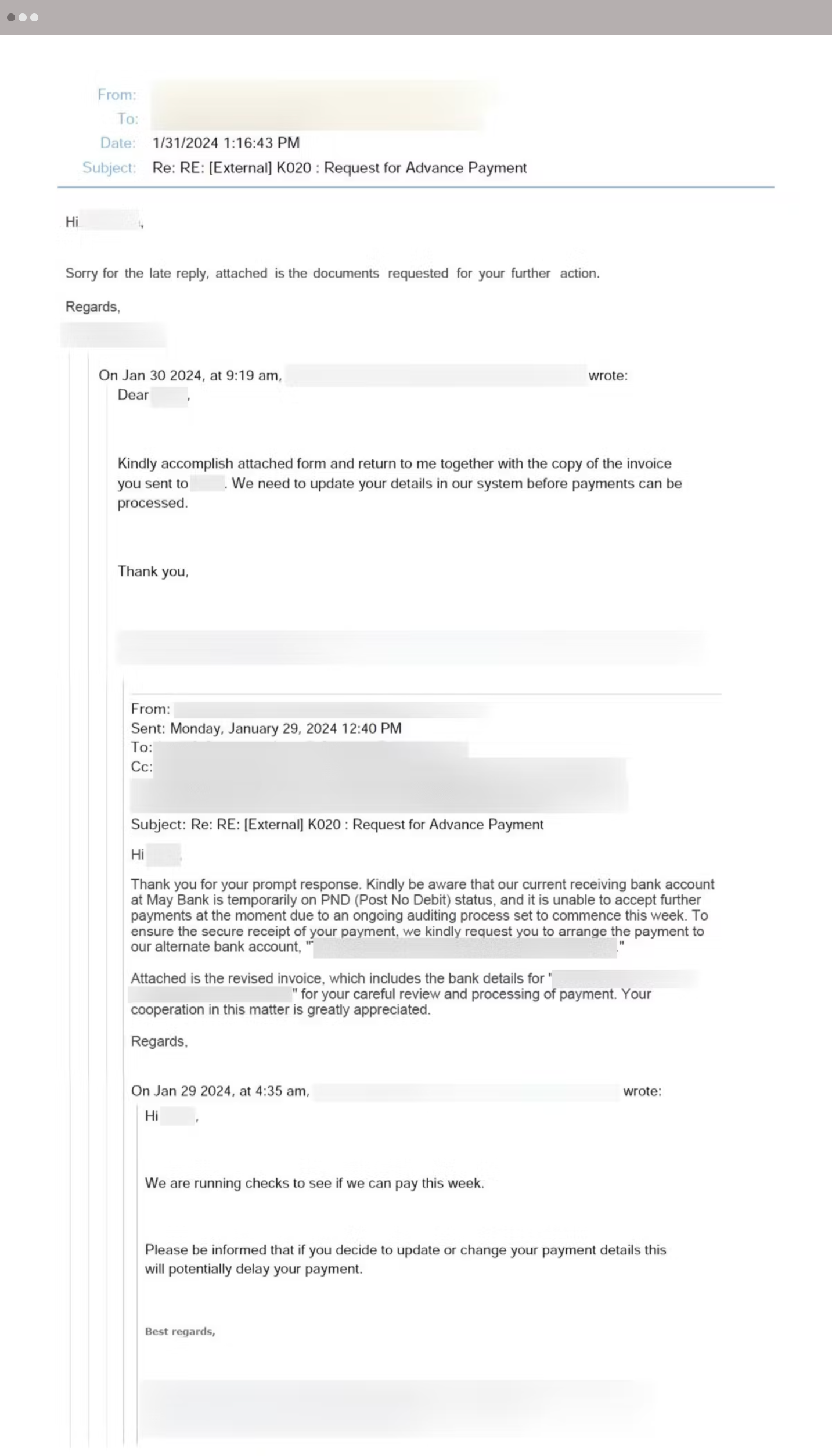 Compromised Vendor Payment Fraud Email