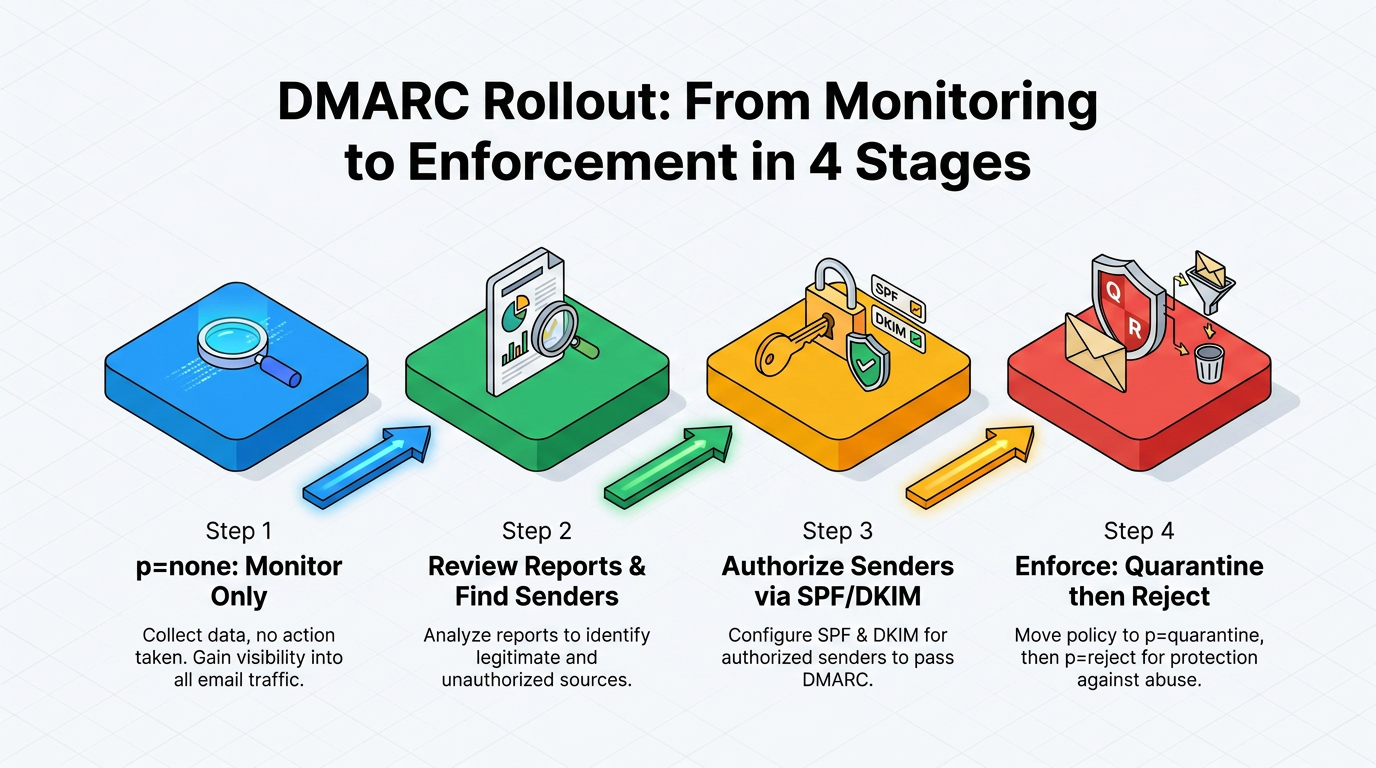 A four-stage rollout diagram shows DMARC progressing from monitoring to enforcement: p=none monitoring, reviewing reports to find senders, authorizing them via SPF/DKIM, then enforcing quarantine and reject policies.