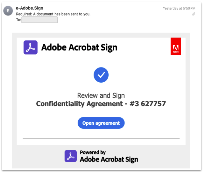 Adobe Acrobat Sign Impersonator Confidentiality Agreement Email