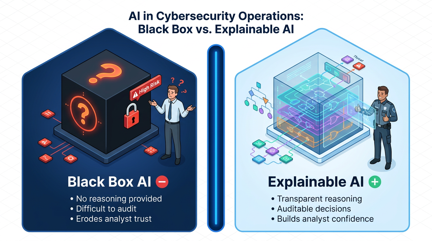 Side-by-side comparison contrasts opaque black box AI—flagging \