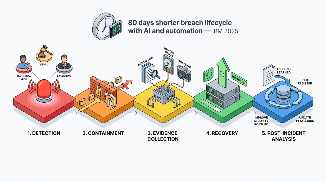 Five diamond-shaped stages—detection, containment, evidence collection, recovery, and post-incident analysis—illustrate the breach response lifecycle, highlighting IBM's 2025 finding that AI and automation cut it by 80 days.