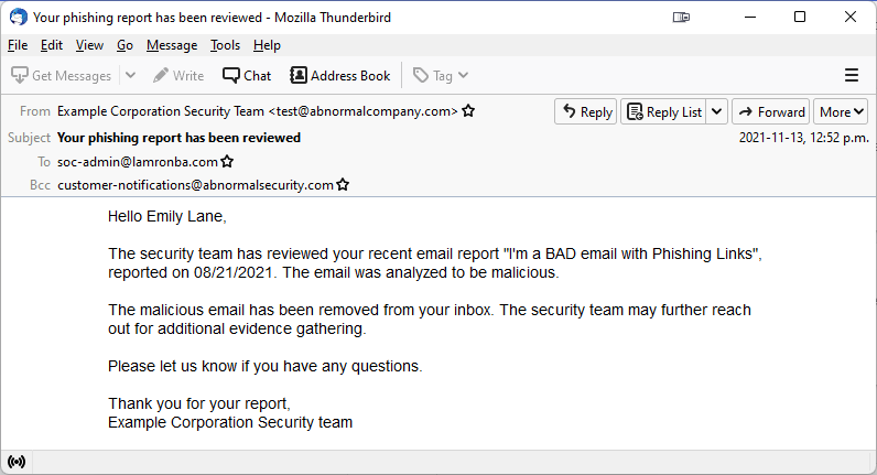 A sample response to a phishing report
