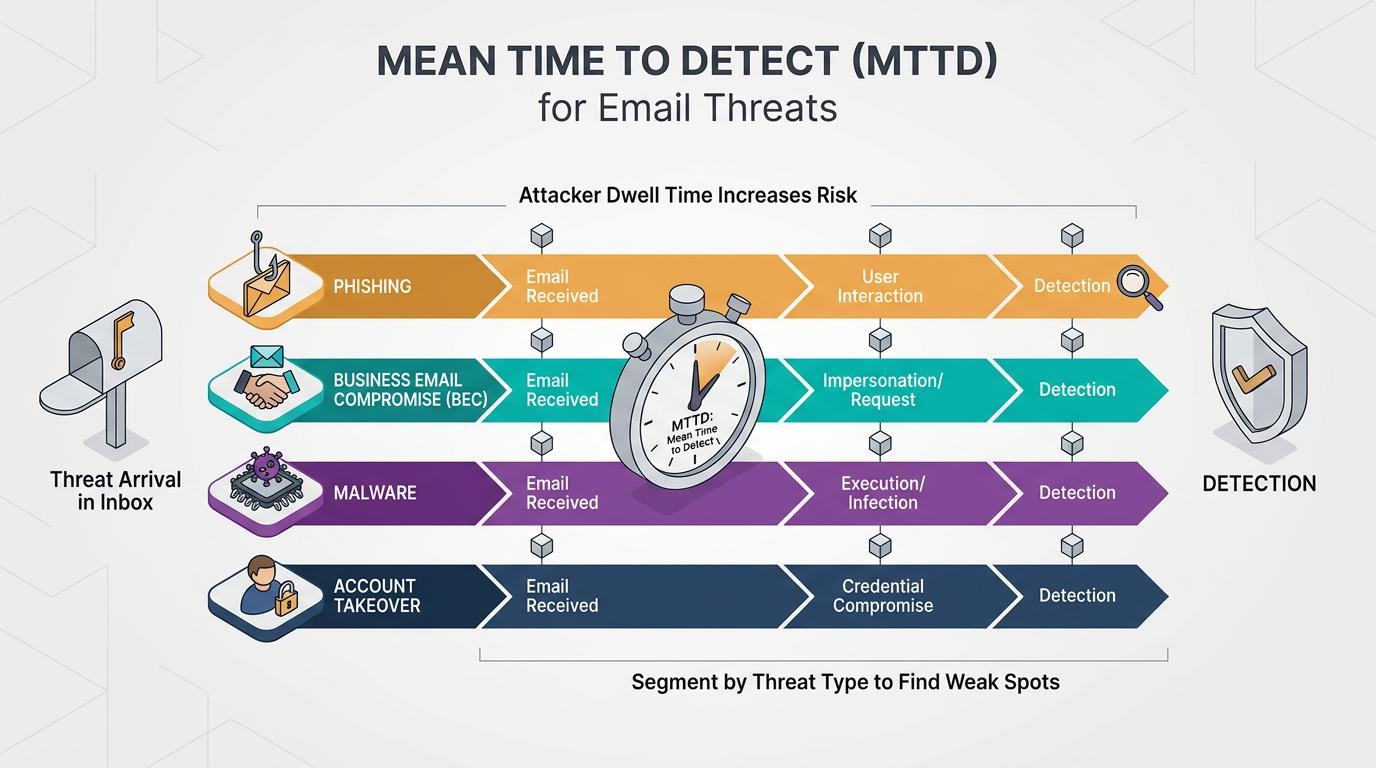 Infographic visually summarizes five core email security KPIs—Mean Time to Detect, Mean Time to Respond, detection rate, false positive rate, and avoided cost—highlighting how each metric connects daily threat management to business value.