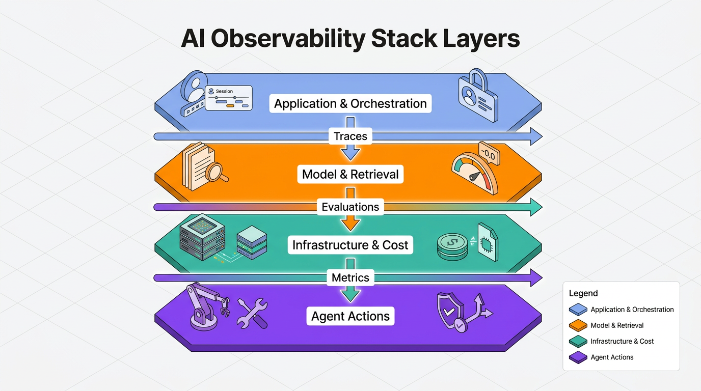 Four stacked arrows depict AI observability layers—Application & Orchestration, Model & Retrieval, Infrastructure & Cost, and Agent Actions—connected by Traces, Evaluations, and Metrics signals flowing downward through the stack.