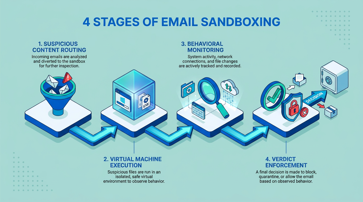 Four-panel flow illustrates email sandboxing: suspicious content routing, virtual machine execution, behavioral monitoring of system activity, and verdict enforcement to block, quarantine, or allow messages.