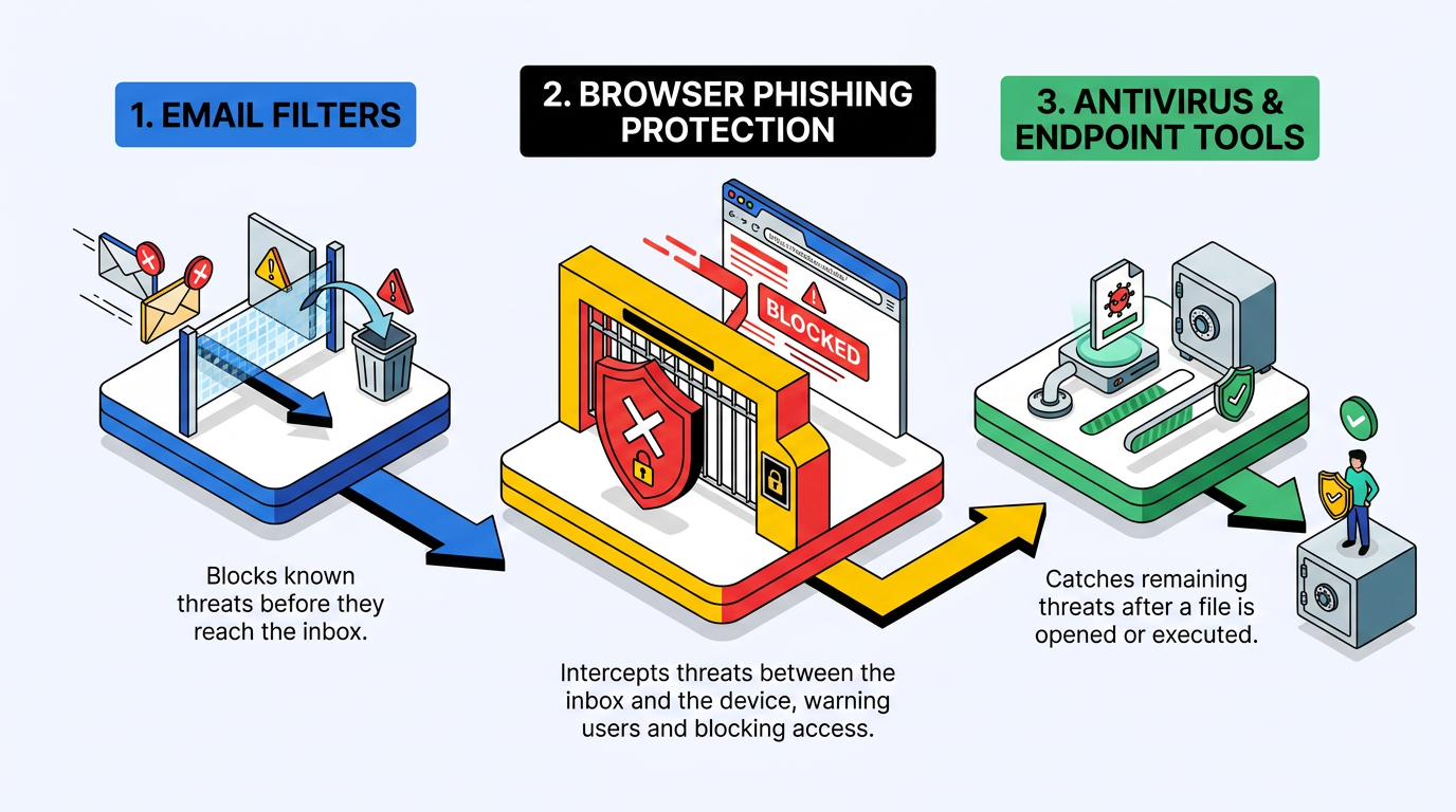 Three connected panels illustrate layered phishing defense: email filters blocking known threats before the inbox, browser phishing protection intercepting risky links between inbox and device, and antivirus and endpoint tools catching