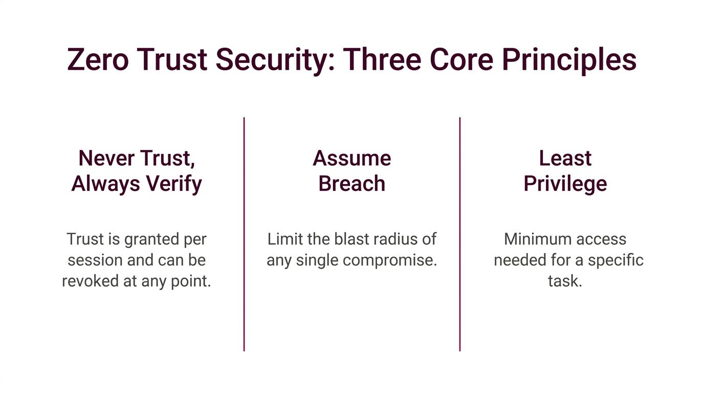 This infographic titled Zero Trust Security: Three Core Principles outlines the foundational concepts of a zero trust framework. The first principle, Never Trust, Always Verify, states that trust is granted per session and can be revoked at any point. The