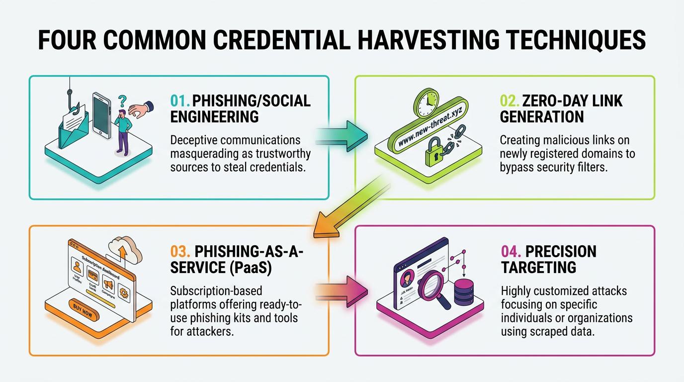 Diagram visualizes how attackers use credential harvesting via phishing, fake portals, and malware to steal login credentials, bypass static security, and enable undetected lateral movement within corporate environments.