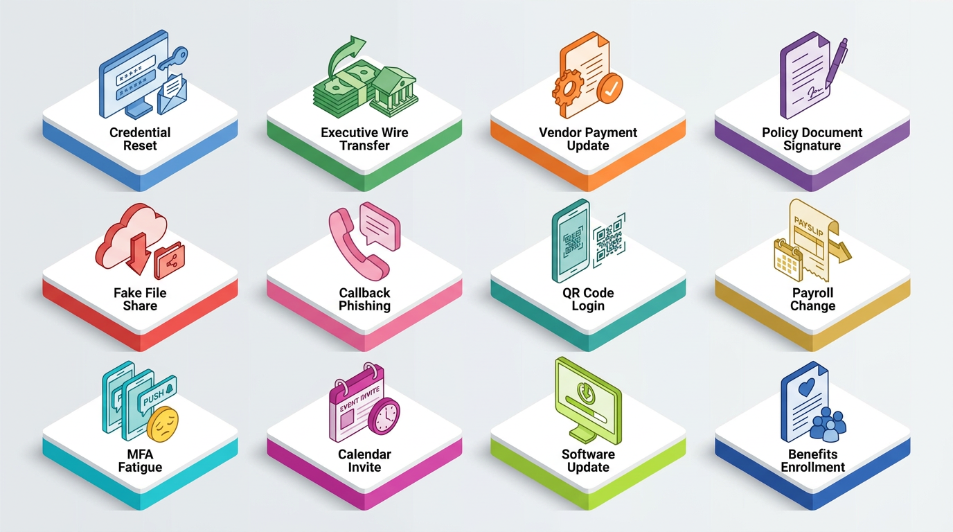 This 12-tile grid displays realistic phishing simulation scenarios—credential resets, wire transfers, vendor payments, policy signatures, file shares, callback phishing, QR logins, payroll, MFA fatigue, calendar invites, software updates
