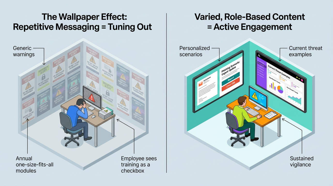 Split-scene comparison contrasts a slumped employee surrounded by repetitive generic security-alert wallpaper with an engaged employee viewing personalized, role-based phishing scenarios and current threat examples, illustrating how varied