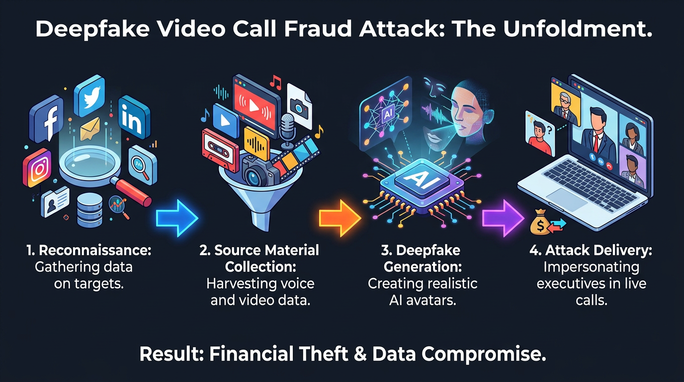 Four-step diagram illustrating how deepfake video call fraud unfolds: reconnaissance via social media, harvesting voice and video source material, AI-generated avatar creation, and executive impersonation in live calls leading to financial