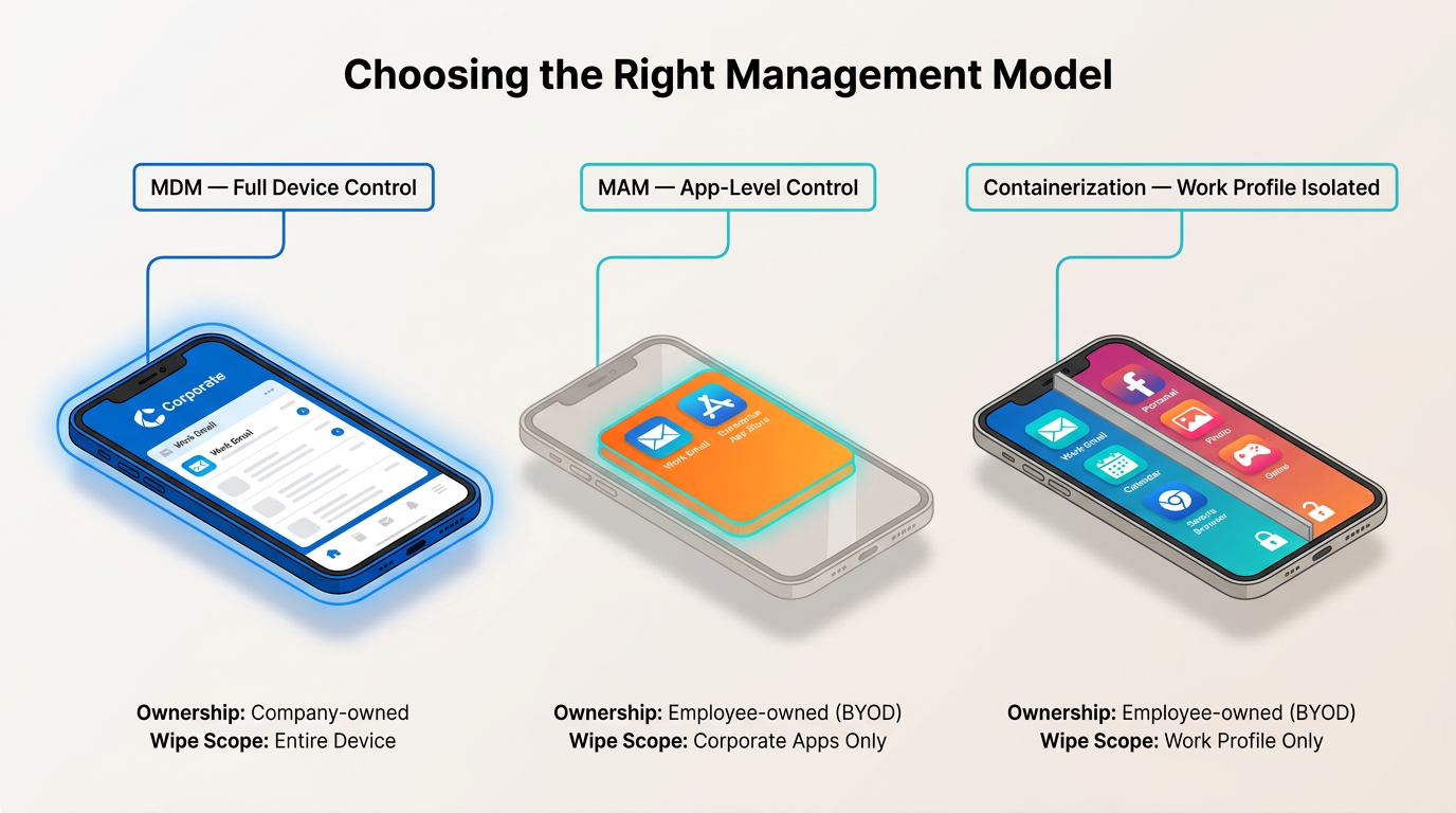 Three phones illustrate mobile device management approaches: MDM giving full control of a company-owned device, MAM restricting corporate apps only on BYOD, and containerization isolating a work profile on BYOD, each with its own wipe