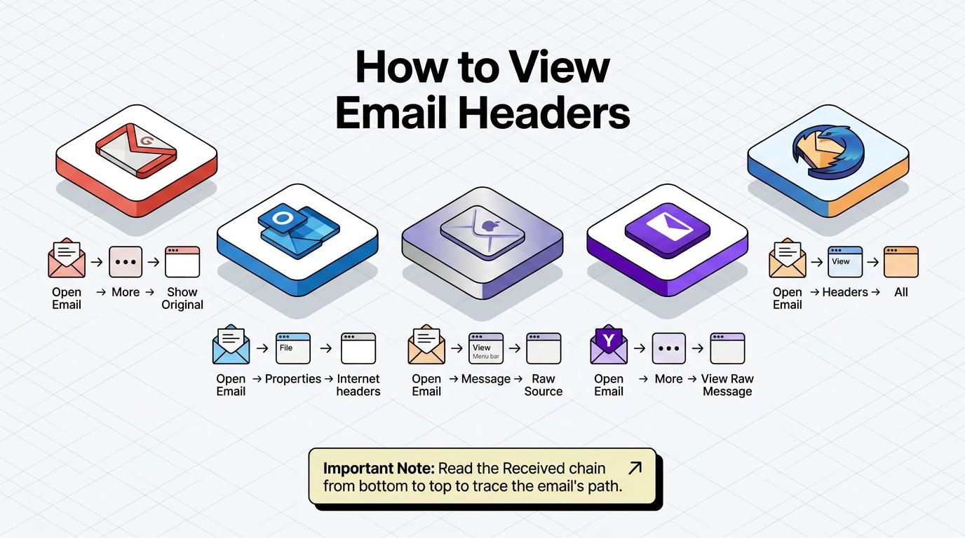 The infographic visualizes an email’s metadata-rich header, illustrating how fields like From, Received, Return-Path, and Authentication-Results empower security teams to trace origins, verify legitimacy, and spot phishing threats.