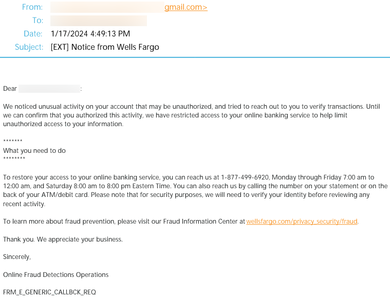 AI Wells Fargo Impersonator Vishing Email