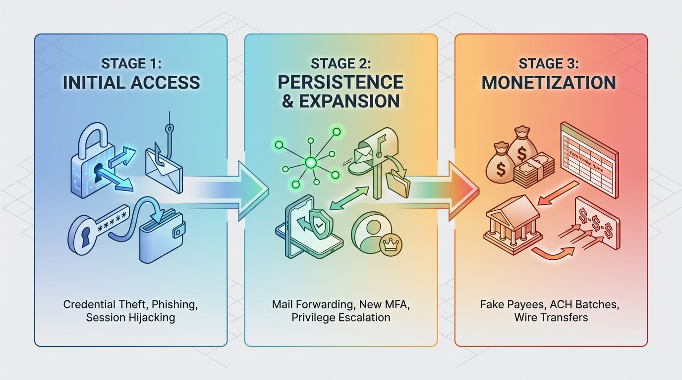 Three linked panels trace a corporate account takeover: Stage 1 shows credential theft, phishing, and session hijacking via lock, hook, and key icons; Stage 2 depicts mail forwarding, new MFA, and privilege escalation through network and