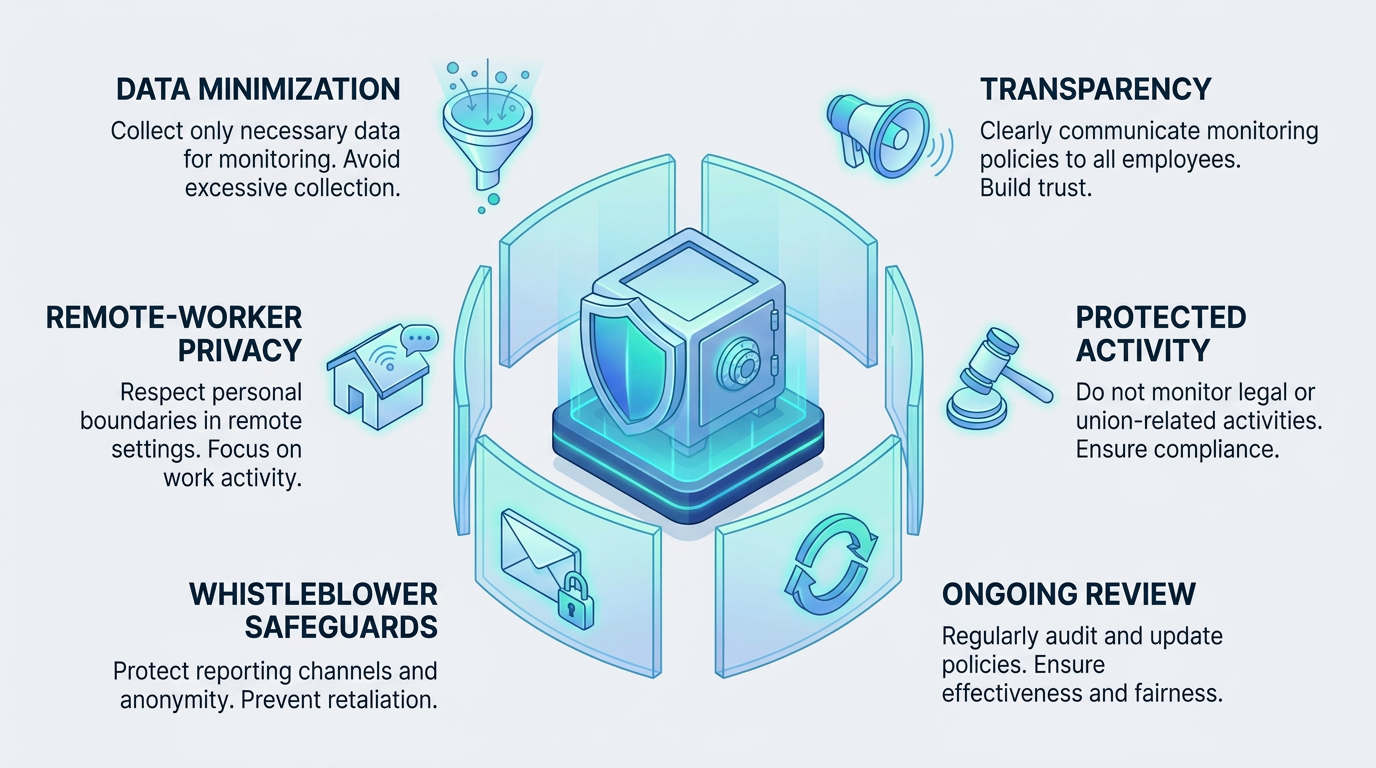 Six connected shield panels surround a central safe icon, each paired with a colored icon representing data minimization, transparency, remote-worker privacy, protected activity, whistleblower safeguards, and ongoing review as core insider