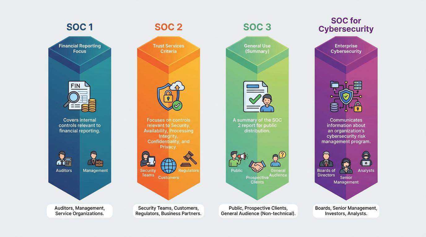 Side-by-side columns compare SOC 1 and SOC 2 reports, showing scope (financial vs. cybersecurity controls), intended audience, report criteria, and typical use cases to help risk teams request the right SOC report type.